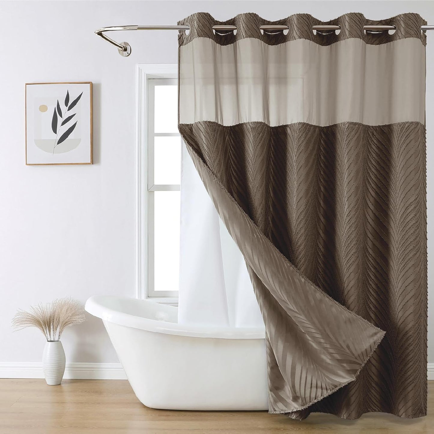 No Hook Shower Curtain and Liner Set,No Hook Tufted Striped Textured Shower Curtain with Snap in Liner Replacement and Waterproof Fabric,Boho Style with See Through Top Window,DarkGreen,71Wx74H