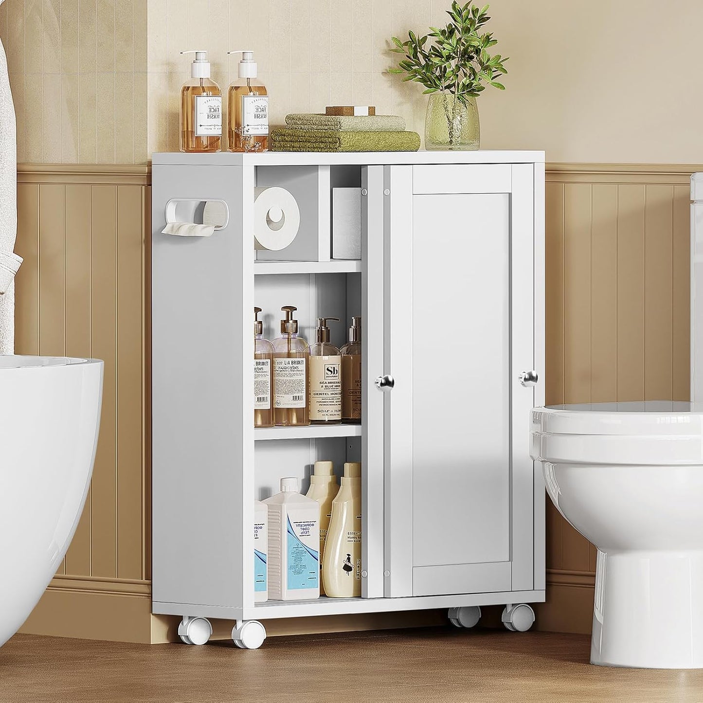 Toilet Paper Cabinets, Slim Bathroom Storage Cabinet with 2 Adjustable Shelves, Toilet Paper Holder and Brush Compartment, Next to Toilets Storage, for Small Space, Bathroom, White