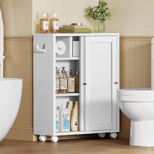Toilet Paper Cabinets, Slim Bathroom Storage Cabinet with 2 Adjustable Shelves, Toilet Paper Holder and Brush Compartment, Next to Toilets Storage, for Small Space, Bathroom, White