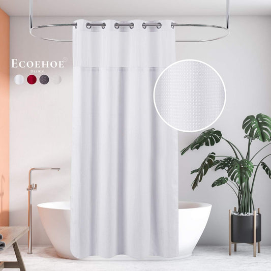 Hotel Grade Waffle Weave Fabric Hook Free Shower Curtain with Magnets Snap-in Liner - Heavy Duty Bath Curtain with See Through Top Machine Washable 71" W * 79“ L White