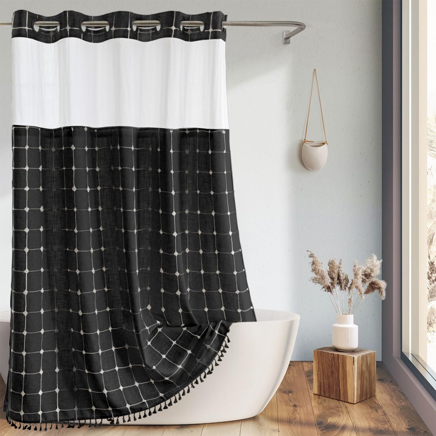 River Dream Farmhouse Linen Textured Shower Curtain with Snap-in Liner Set, No Hooks Needed, with Tassels for Rustic Bathroom Decor,with Window,with Magnets,Linen,71Wx74H