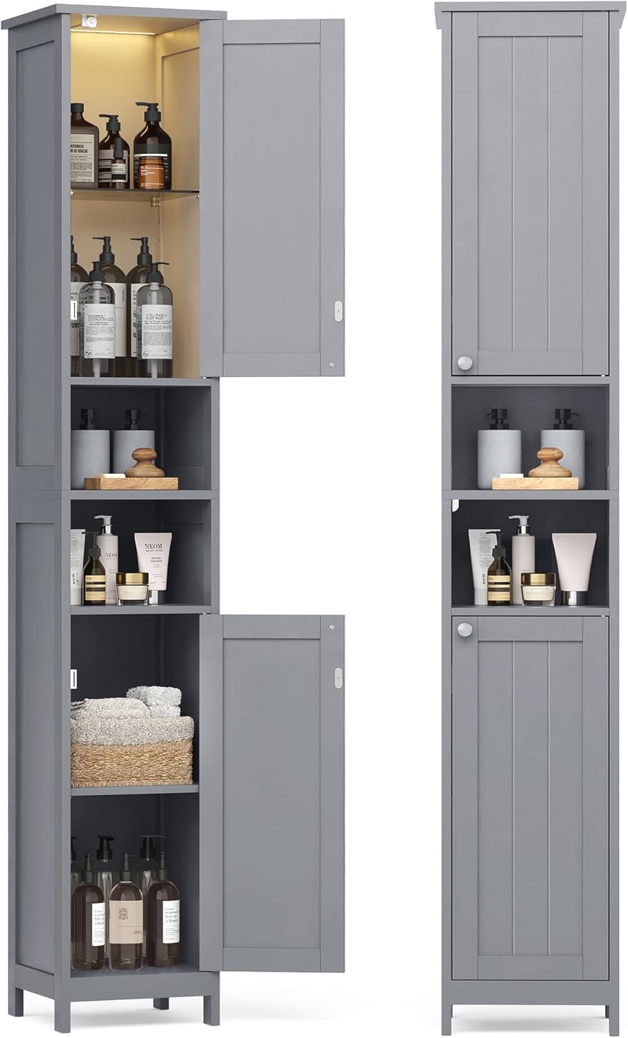VASAGLE Tall Bathroom Cabinet with Lights, Slim Freestanding Bathroom Storage Cabinet with Adjustable Shelves, for Small Spaces, Modern, 11.8 Inches Wide, Cloud White UBBC566W02