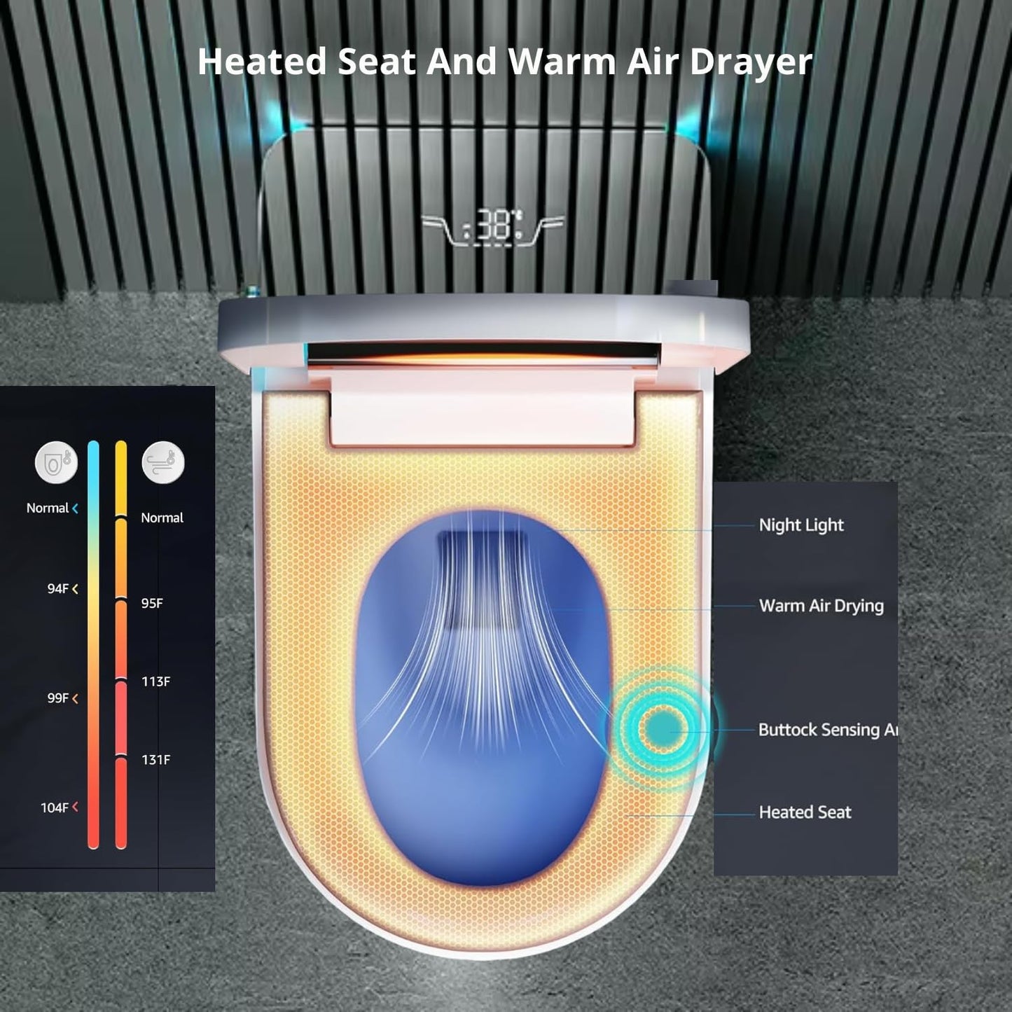 Electric Bidet Smart Toilet, Auto Open/Close Lid & Seat with Radar and Foot Sensor, Water Tank Built In, Auto Flushing, 8 Modes Water Wash,Warm Air Dryer, Foam Shield. 20-year warranty. (TD-76EV)