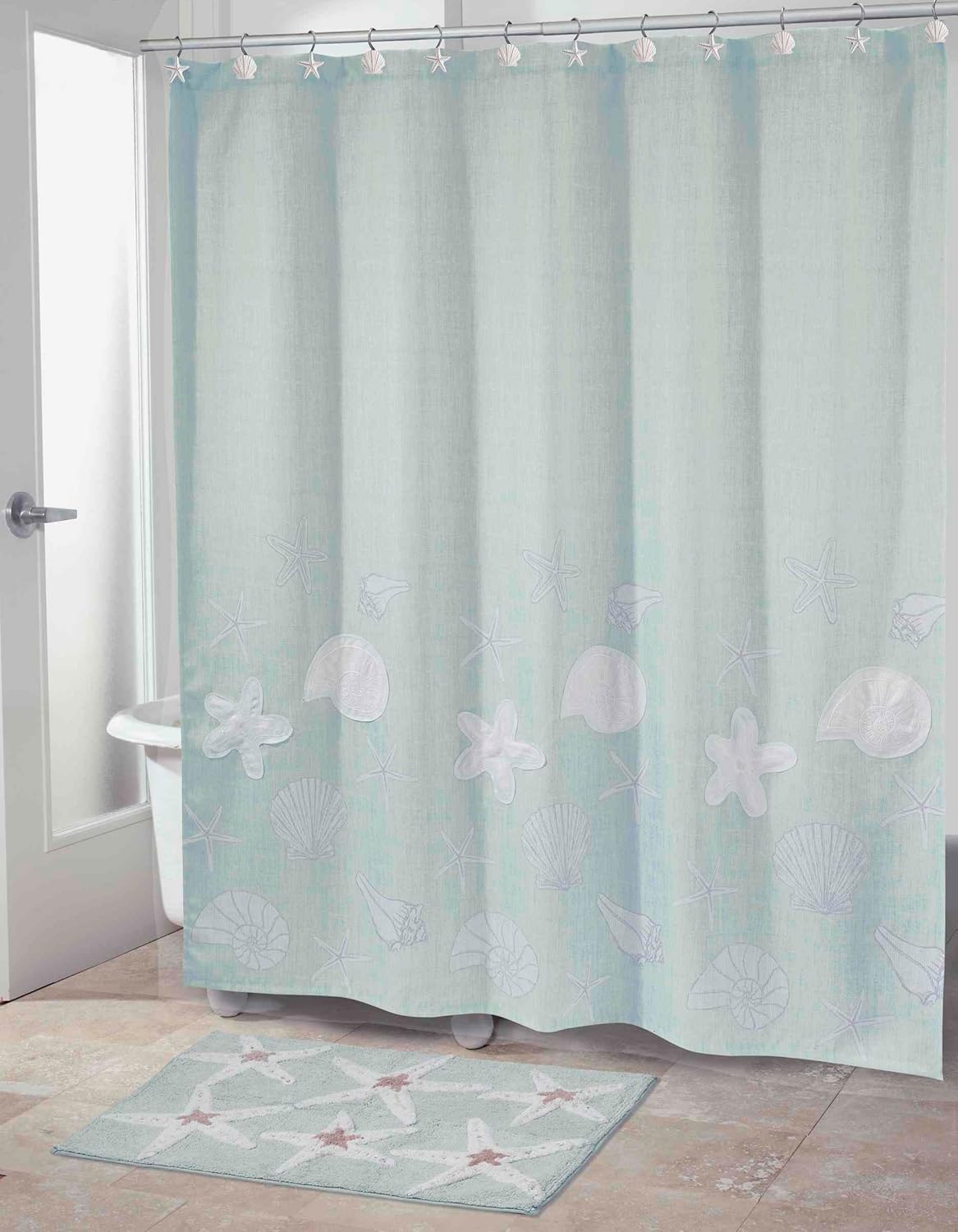 Avanti Linens- Shower Set, Fabric Shower Curtain & 12pc Curtain Hooks, Sea Inspired Bathroom Essentials (Seaglass Collection)