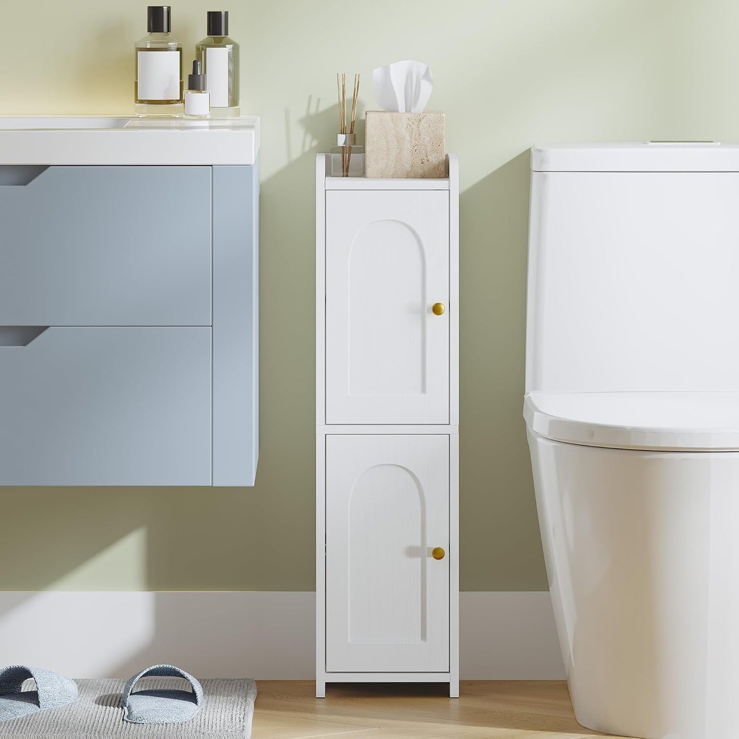 Bathroom Storage Cabinet, Corner Floor Cabinet with 2 Doors and Adjustable Shelf, Narrow Toilet Paper Cabinet, Bathroom Organizer for Small Spaces, White BC19913X