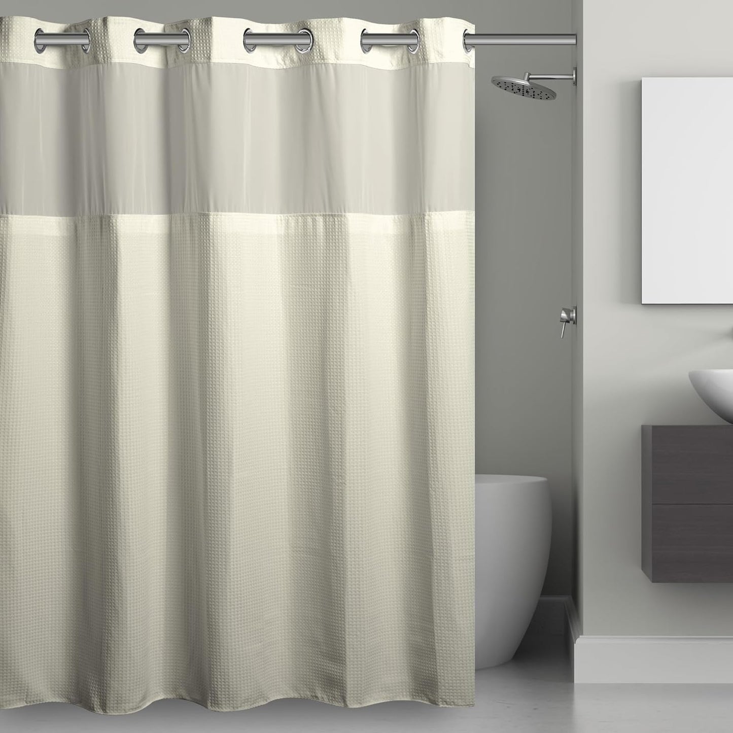 Hookless It’s A Snap! Waffle Shower Curtain, 3-in-1 Shower Curtain Includes Fabric Shower Curtain with Sheer Top Window, Flex-On Rings & Fabric Liner, 71” x 74”, Misty Blue