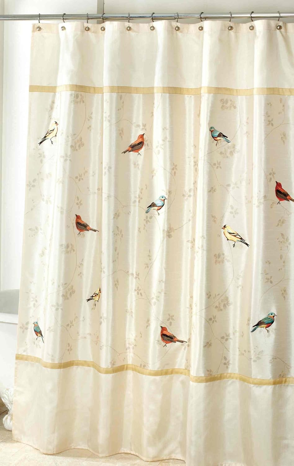Avanti Linens- Shower Set, Fabric Shower Curtain & 12pc Curtain Hooks, Durable Bathroom Essentials (Gilded Birds Collection)
