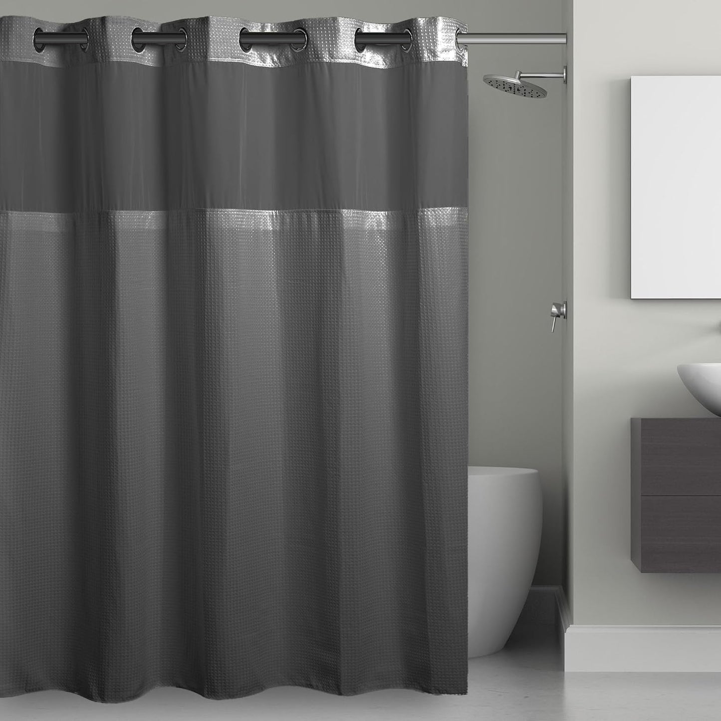 Hookless It’s A Snap! Waffle Shower Curtain, 3-in-1 Shower Curtain Includes Fabric Shower Curtain with Sheer Top Window, Flex-On Rings & Fabric Liner, 71” x 74”, Misty Blue