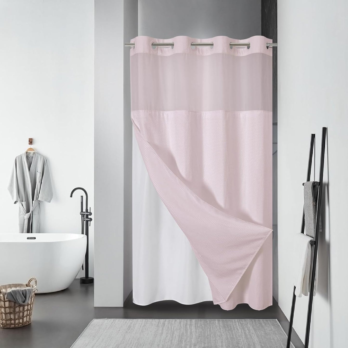 Grey No Hook Waffle Weave Shower Curtain with snap-in Liner Replacement, 230GSM Waterproof Fabric Hotel Shower Curtain Set for Bathroom, Through Mesh Top Window,71Wx74H
