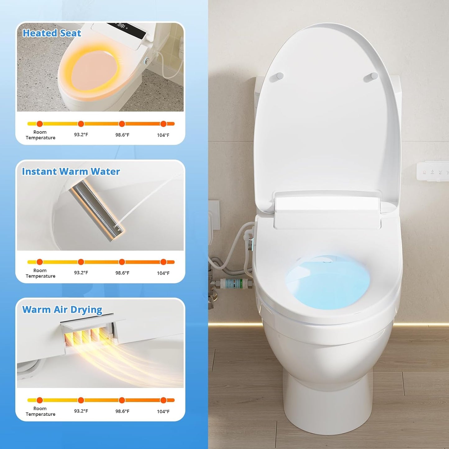 Electric Smart Bidet Toilet Seat, Upgraded Heated Bidet with Adjustable Instant Warm Water and Warm Dryer, Remote Control, Night Light, Slow Close Lid (Elongated 2 (Remote Control))