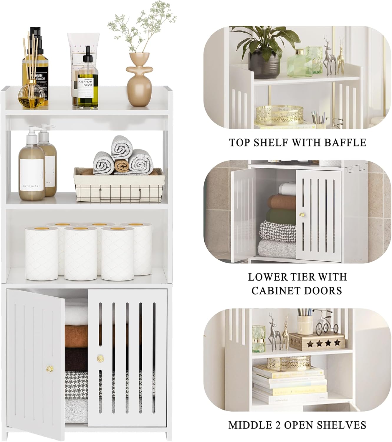 Bathroom Storage Cabinet, 4-Tier Slim White Floor Cabinet Freestanding Organizers with Door for Living Room Entryway Small Space