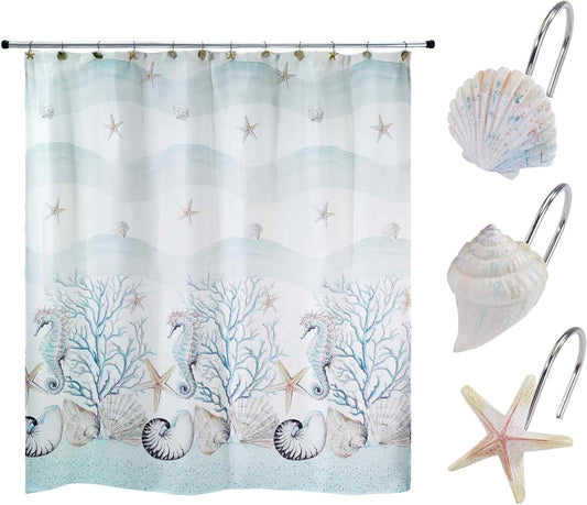 Avanti Linens- Shower Set, Fabric Shower Curtain & 12pc Curtain Hooks, Durable Bathroom Essentials (Coastal Terrazzo Collection)