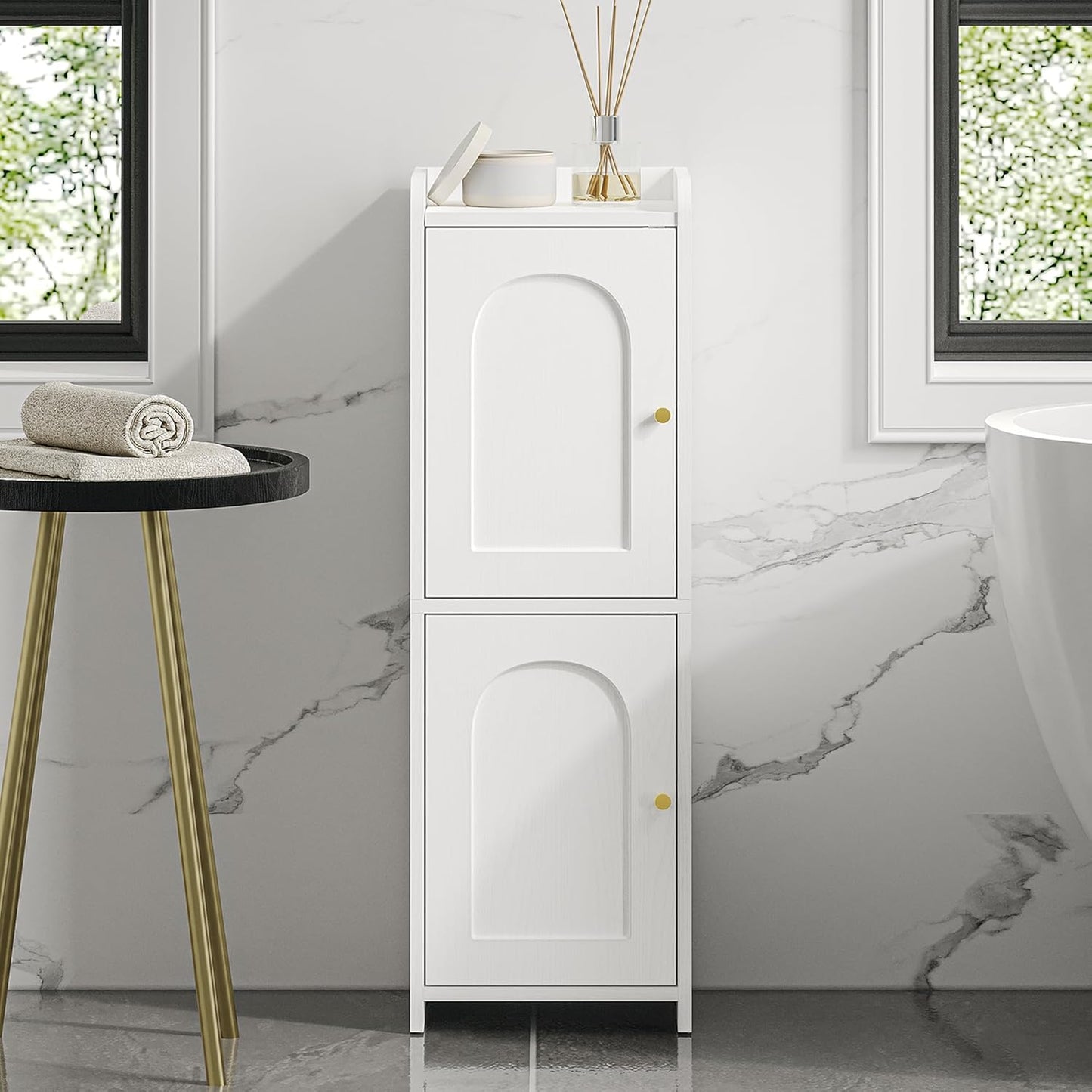 Bathroom Storage Cabinet, Corner Floor Cabinet with 2 Doors and Adjustable Shelf, Narrow Toilet Paper Cabinet, Bathroom Organizer for Small Spaces, White BC19913X