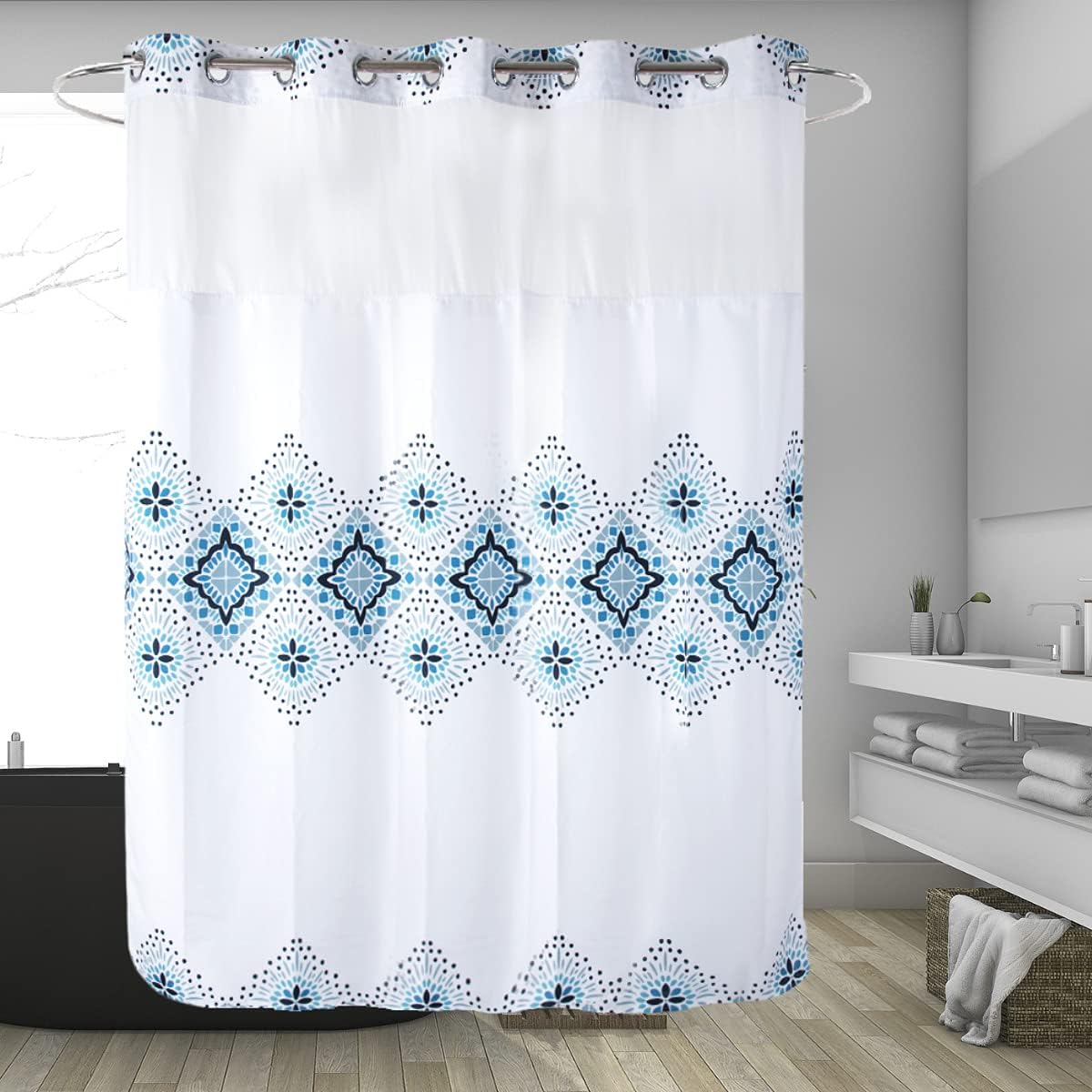 Hotel Grade Waffle Weave Fabric Hook Free Shower Curtain with Magnets Snap-in Liner - Heavy Duty Bath Curtain with See Through Top Machine Washable 71" W * 79“ L White