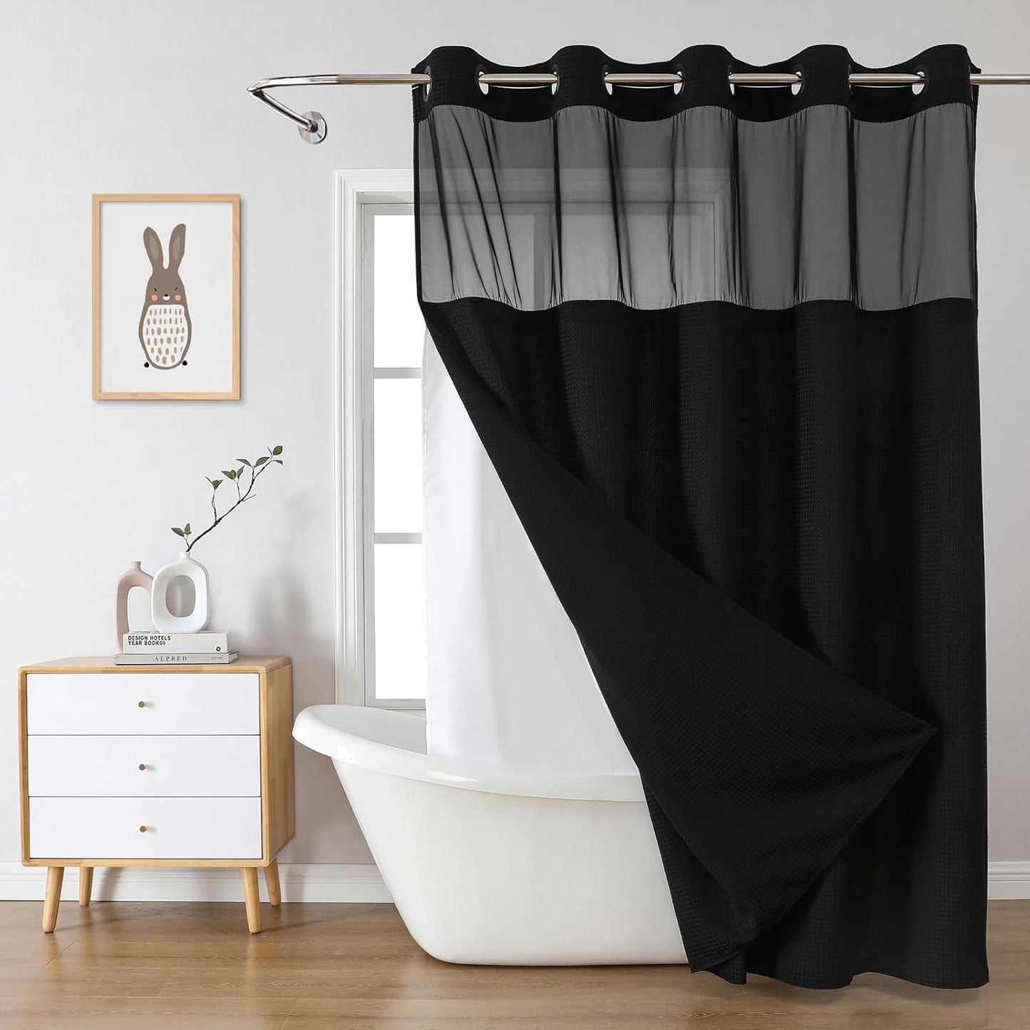 Grey No Hook Waffle Weave Shower Curtain with snap-in Liner Replacement, 230GSM Waterproof Fabric Hotel Shower Curtain Set for Bathroom, Through Mesh Top Window,71Wx74H