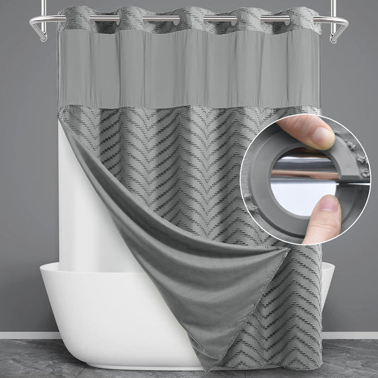 No Hook Shower Curtain with Snap in Liner, Tufted Chevron Striped Shower Curtain Set for Bathroom, Boho Waterproof and Washable Shower Curtains,71Wx74H, Grey