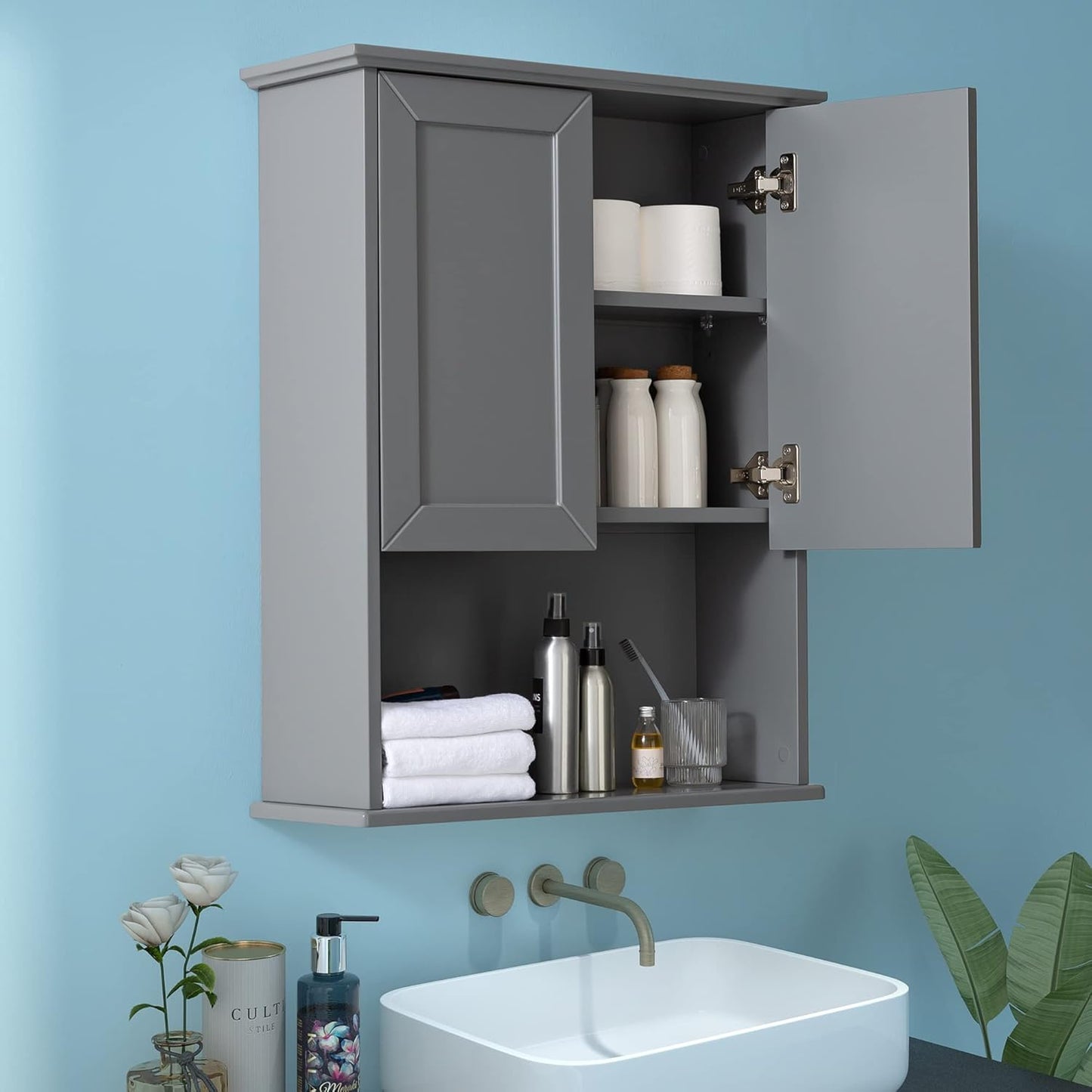 Black Bathroom Cabinet 23x29 inch Wooden Medicine Cabinet with 2 Doors and Adjustable Shelf, Wall Mounted Over Toilet Storage