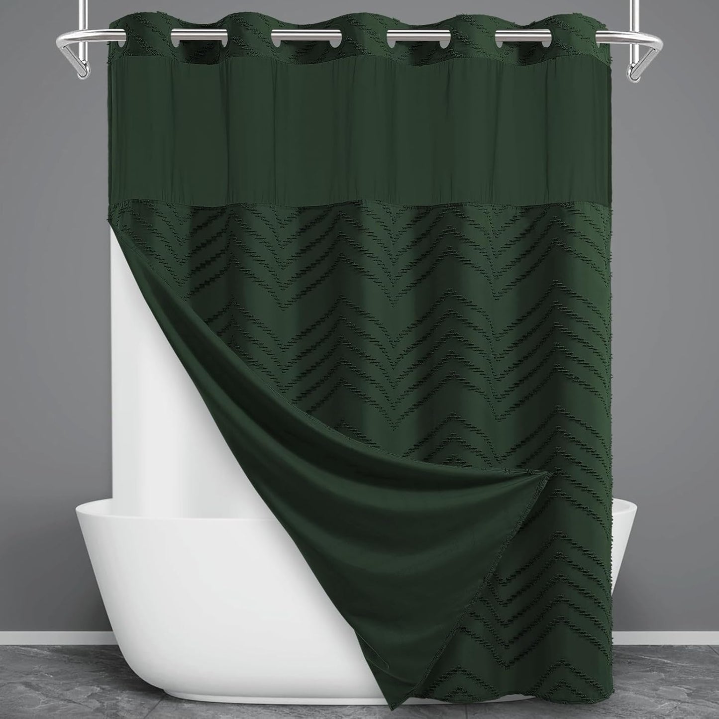 No Hook Shower Curtain with Snap in Liner, Tufted Chevron Striped Shower Curtain Set for Bathroom, Boho Waterproof and Washable Shower Curtains,71Wx74H, Grey
