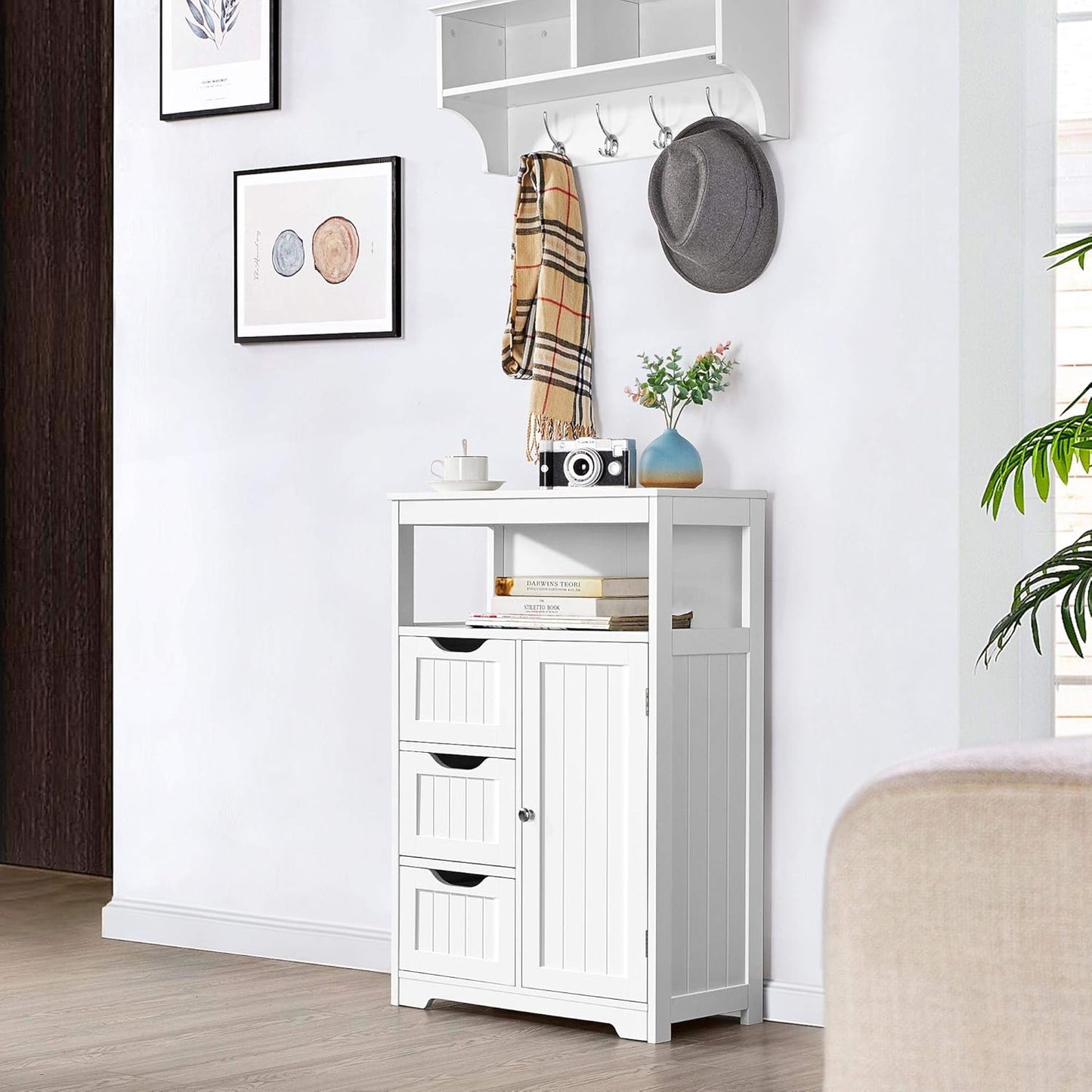 Yaheetech Bathroom Floor Cabinet Wooden Storage Organizer with 1 Door and 3 Drawers, Free-Standing Cupboard for Kitchen/Living Room/Bathroom Use, White