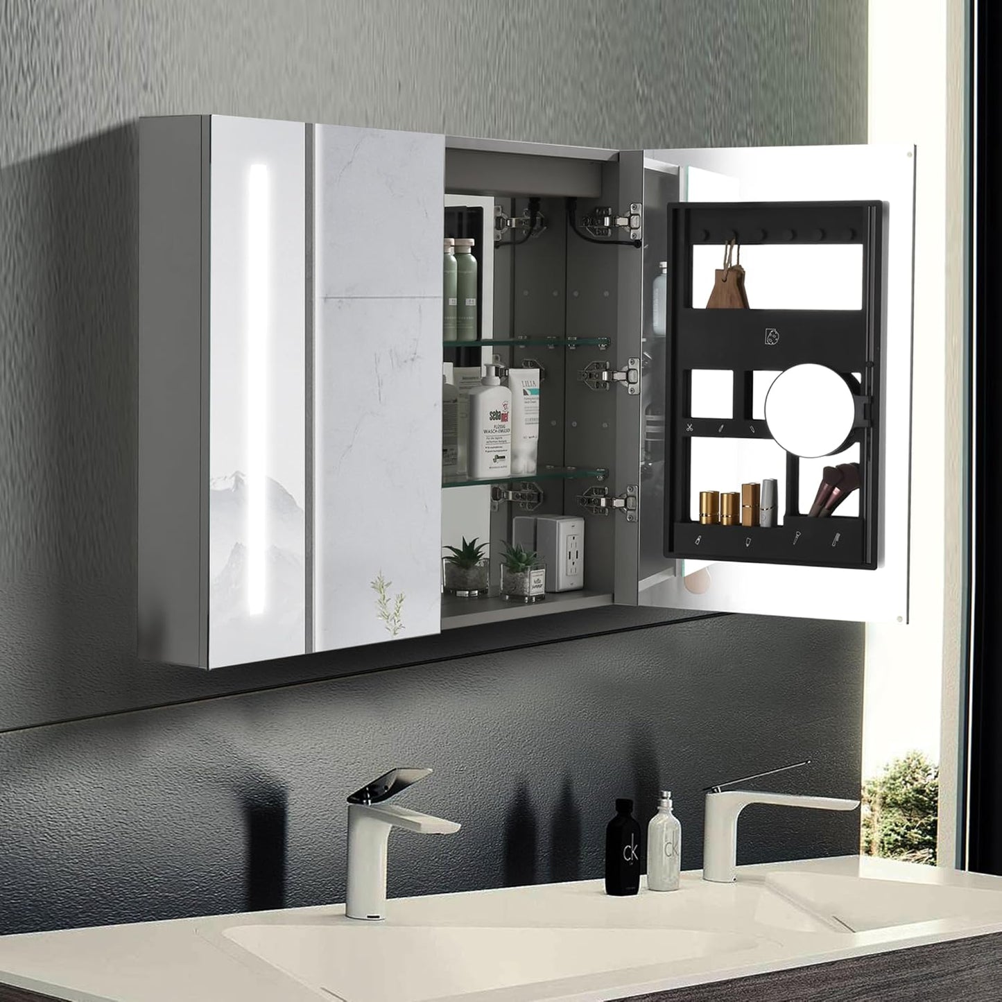 Medicine Cabinet Mirror, 40 x 30 Inch Bathroom Cabinet Wall Mounted, Stepless Dimming 3 Colors LED Lights, Outlets & USBs, Surface or Recessed Medicine Cabinet for Bathroom Anti-Fog