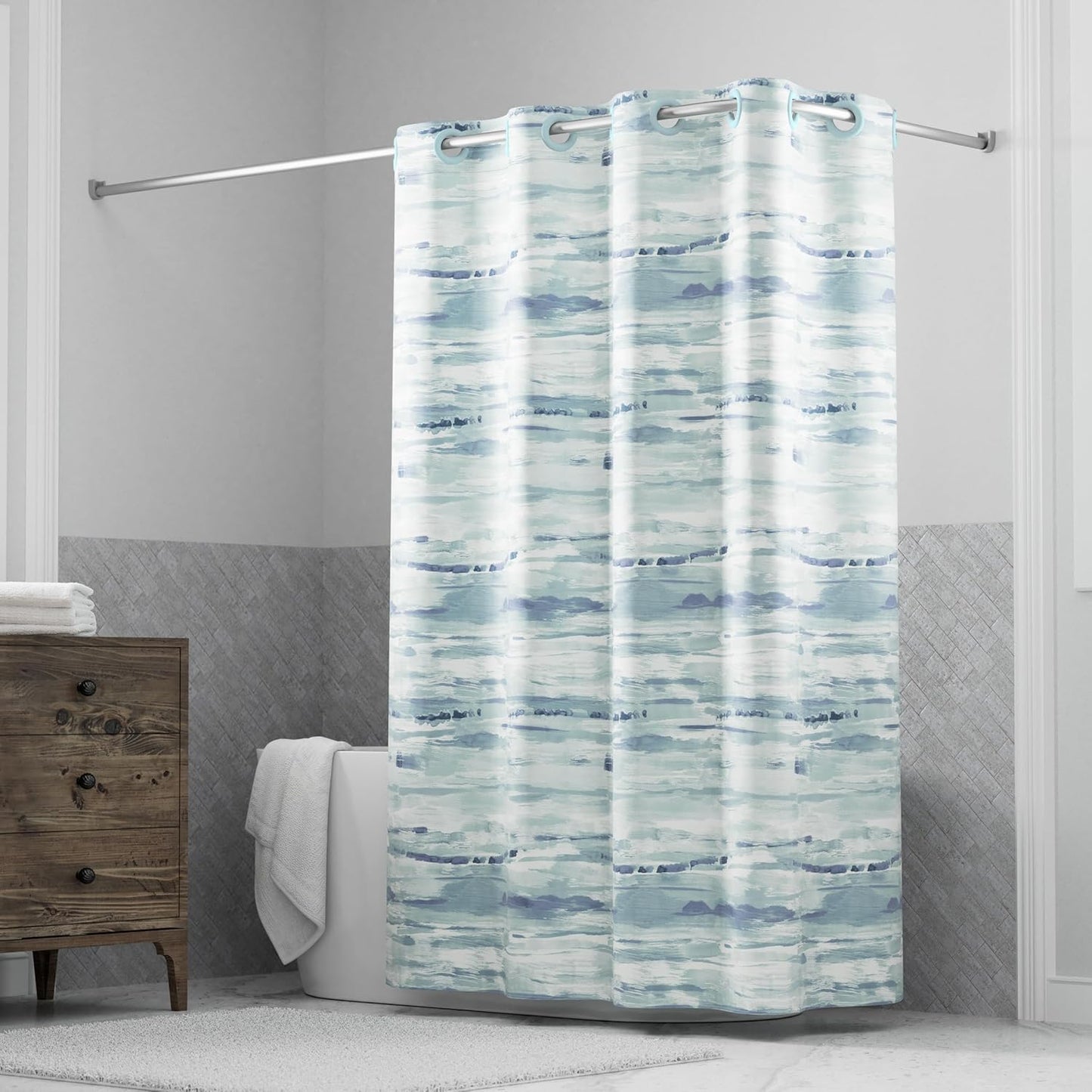 Hookless It's A Snap! Faux Silk Shower Curtain, 3-in-1 Curtain Includes Fabric Shower Curtain with Flex-On Rings & Fabric Liner with Magnets, 71" x 74", Geoometric Ombre Print, Blue