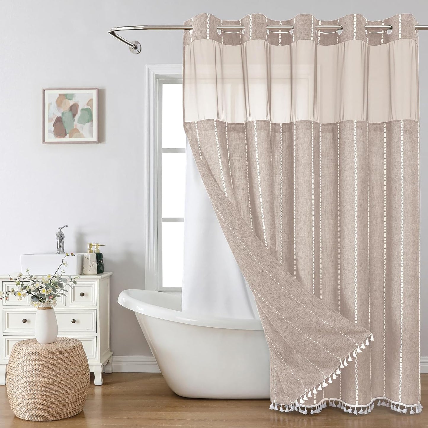 Boho Farmhouse No Hook Shower Curtain Set with Snap-in Fabric Liner,Heavy-Duty Linen Textured Rustic Striped Design,Water-Repellent with Tassels and Sheer Window,Cream/Beige,71x74