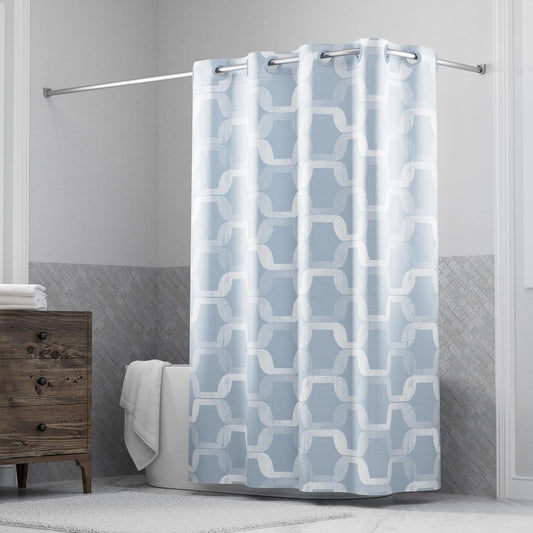 Hookless It's A Snap! Faux Silk Shower Curtain, 3-in-1 Curtain Includes Fabric Shower Curtain with Flex-On Rings & Fabric Liner with Magnets, 71" x 74", Geoometric Ombre Print, Blue