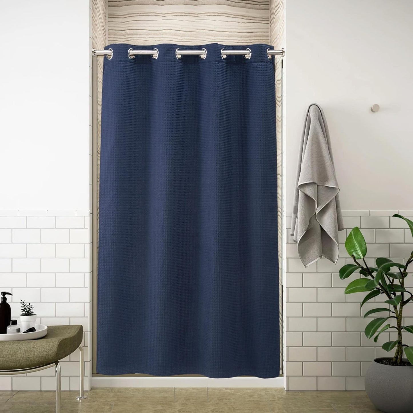 River Dream White Waffle Weave Shower Curtain with Snap-in Liner,Cotton Blend Fabric Heavy Duty,No Hooks Needed Shower Curtain for Bathroom,Hotel Quality Shower Curtain Set,71 x 74 inches