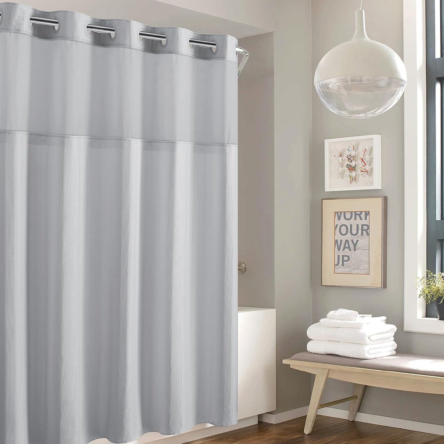 Hookless It’s A Snap! Waffle Stripe Shower Curtain, 2-in-1 Shower Curtain Includes Fabric Shower Curtain with Sheer Top Window and Flex-On Rings, Liner Compatible, 71” x 74”, Bright White
