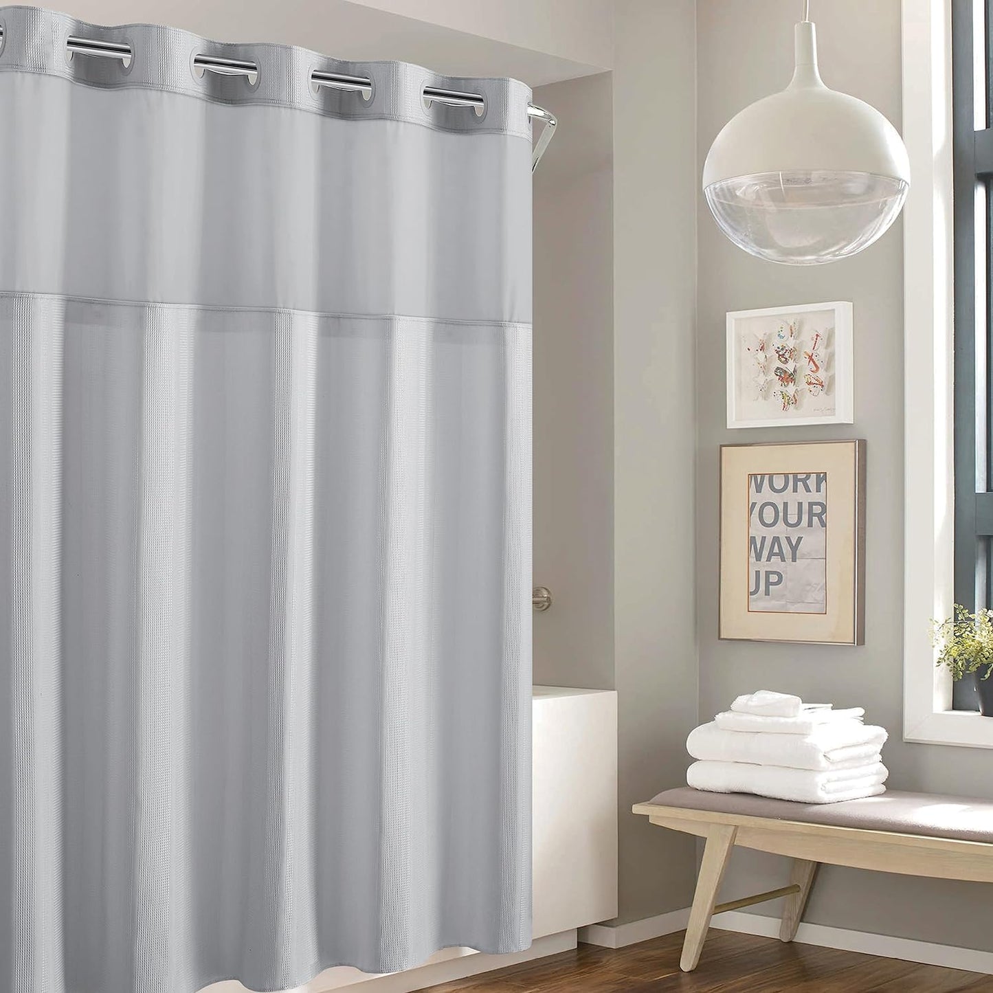 Hookless It’s A Snap! Waffle Shower Curtain, 3-in-1 Shower Curtain Includes Fabric Shower Curtain with Sheer Top Window, Flex-On Rings & Fabric Liner, 71” x 74”, Misty Blue