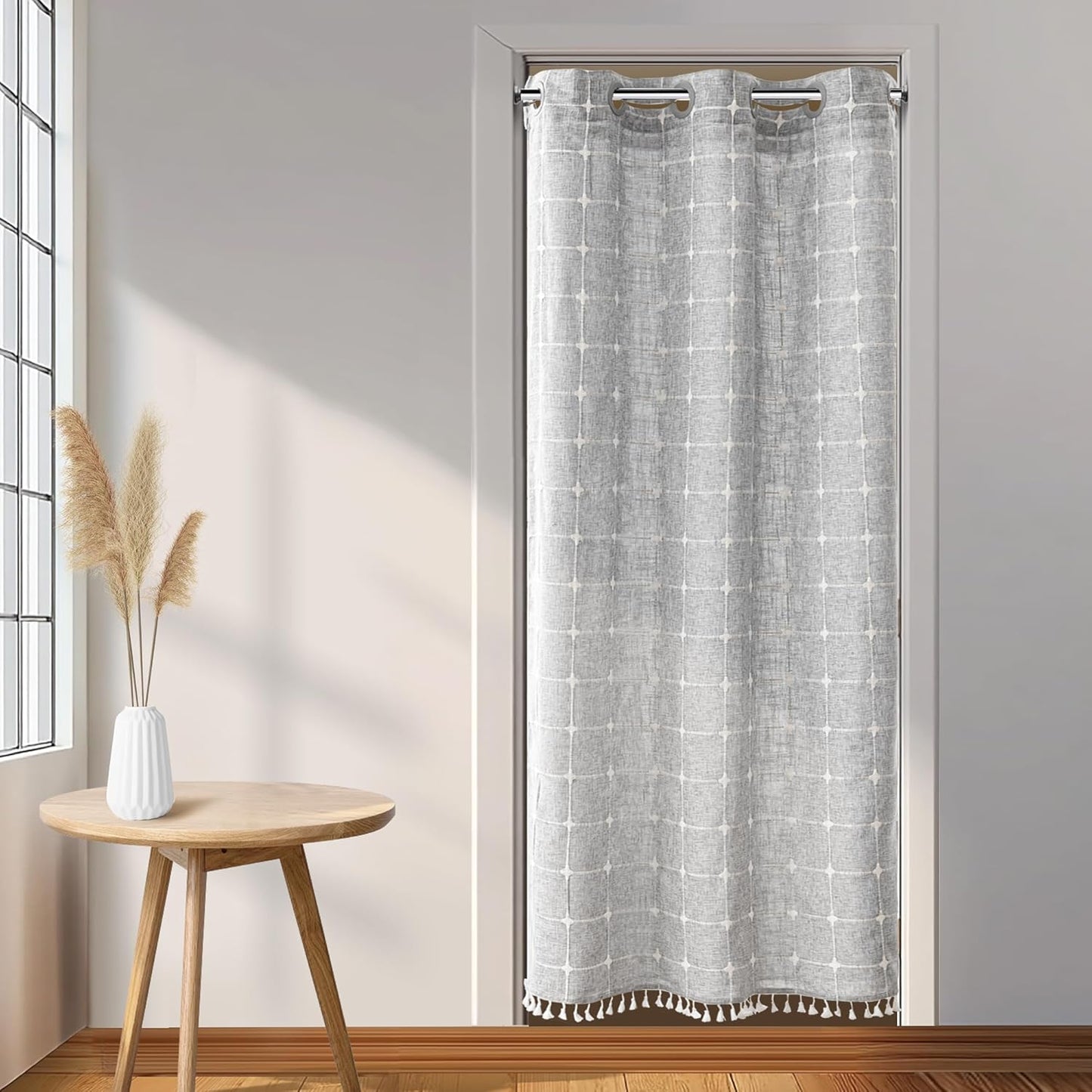 River Dream Farmhouse Linen Textured Shower Curtain with Snap-in Liner Set, No Hooks Needed, with Tassels for Rustic Bathroom Decor,with Window,with Magnets,Linen,71Wx74H