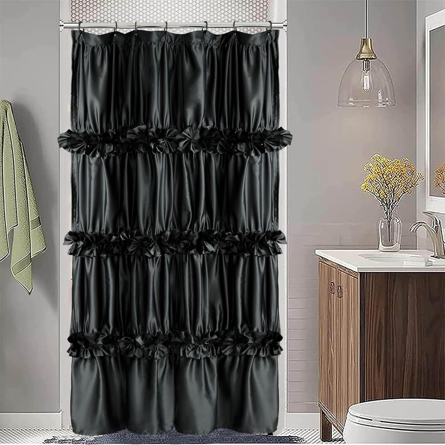 Victorian Ruffle Shower Curtain, Vintage Handcrafted Bow Tie Bath Curtain for Master Bathroom, Ruched Microfiber Bathroom Curtain with 12 Buttonholes, 72" W x 84" H, White (LQ-10)