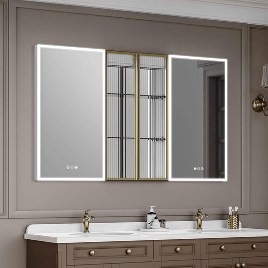 Recessed Medicine Cabinet with Mirror, Medicine Cabinets for Bathroom, 60”W X 36”H, Defogger, Dimmer, Outlets & USB, Four Doors
