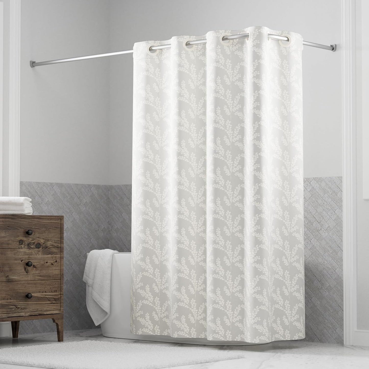 Hookless It's A Snap! Faux Silk Shower Curtain, 3-in-1 Curtain Includes Fabric Shower Curtain with Flex-On Rings & Fabric Liner with Magnets, 71" x 74", Geoometric Ombre Print, Blue