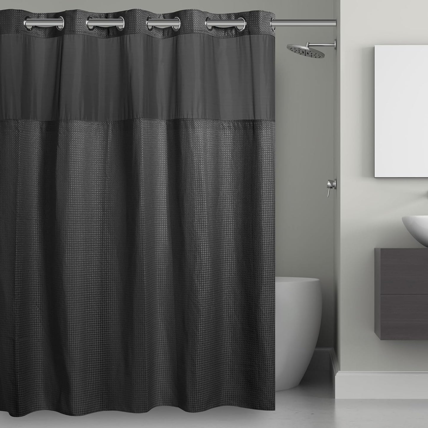 Hookless It’s A Snap! Waffle Shower Curtain, 3-in-1 Shower Curtain Includes Fabric Shower Curtain with Sheer Top Window, Flex-On Rings & Fabric Liner, 71” x 74”, Misty Blue