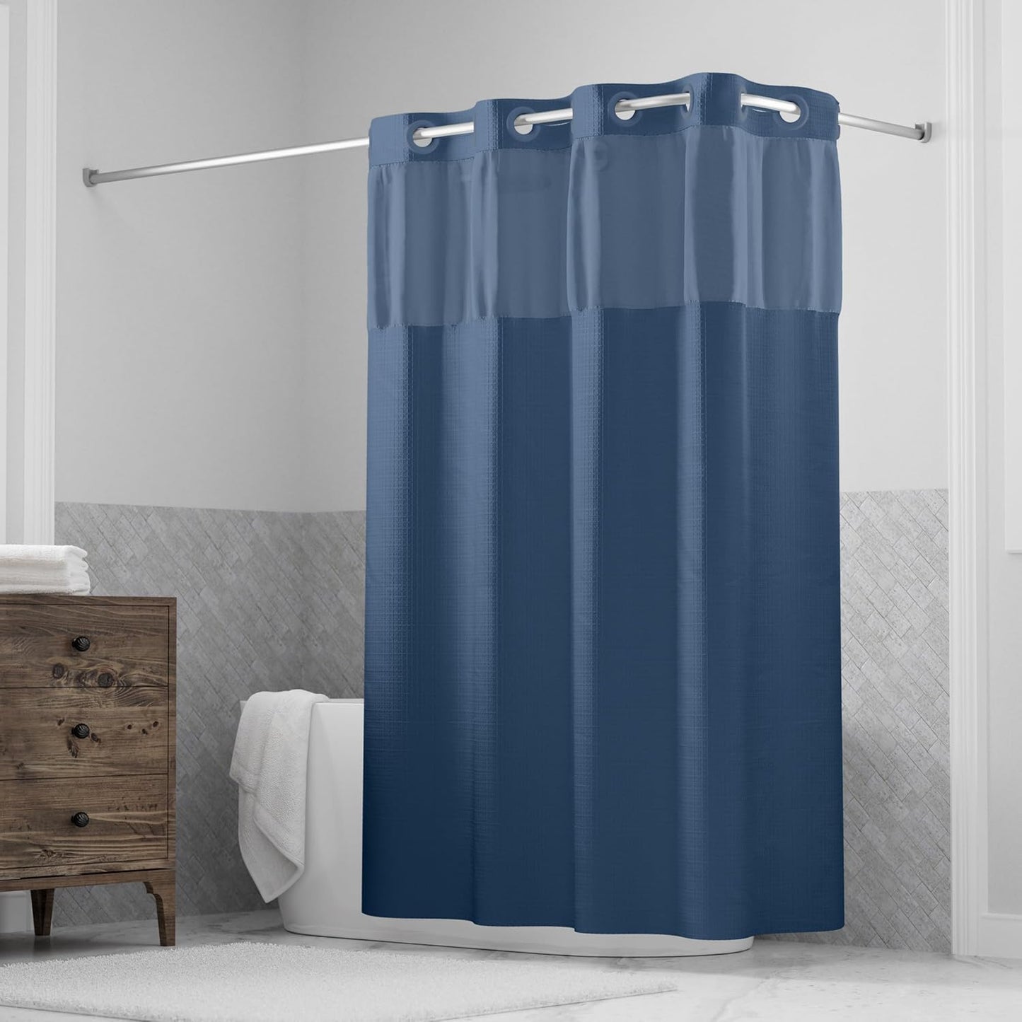 Hookless It’s A Snap! Waffle Shower Curtain, 3-in-1 Shower Curtain Includes Fabric Shower Curtain with Sheer Top Window, Flex-On Rings & Fabric Liner, 71” x 74”, Misty Blue