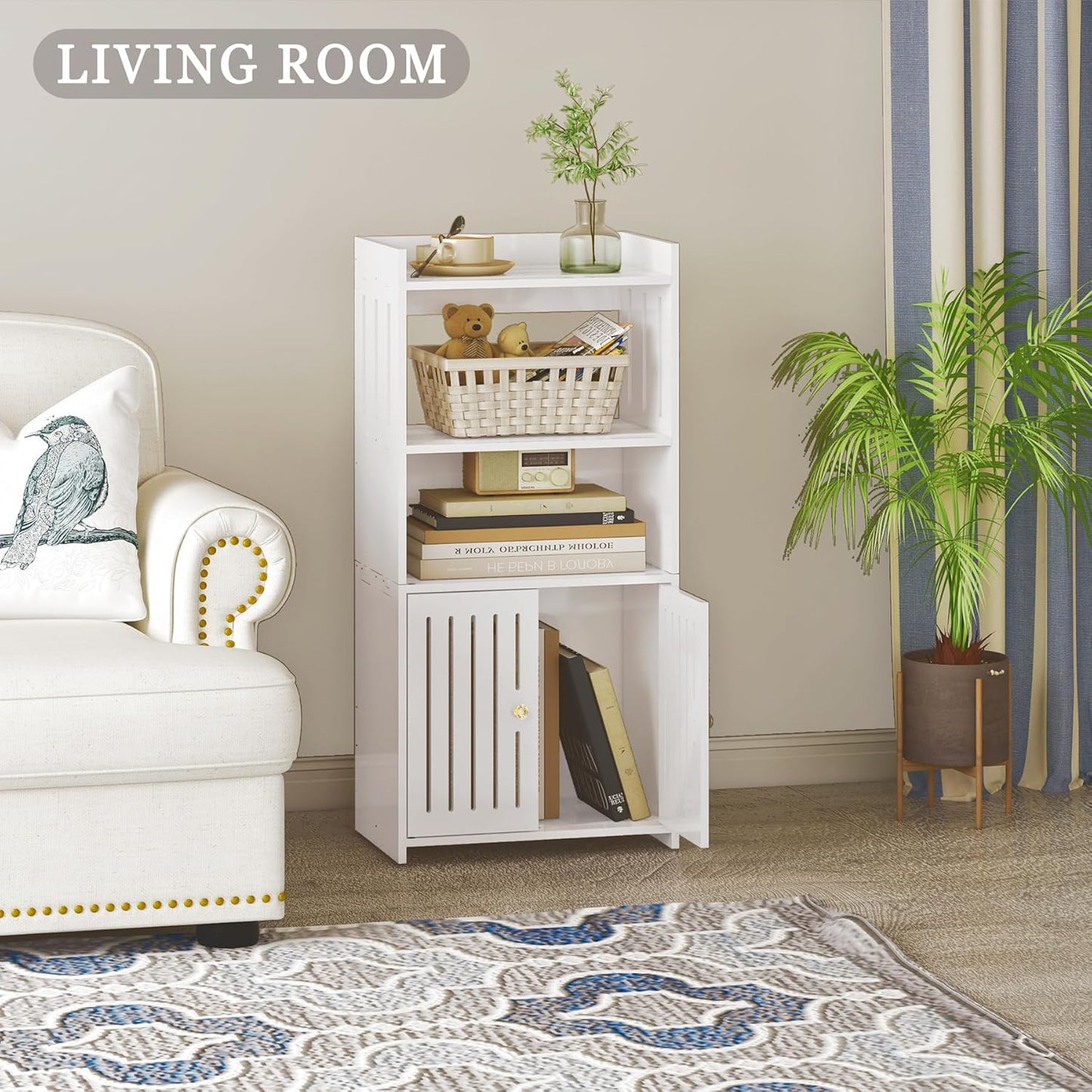 Bathroom Storage Cabinet, 4-Tier Slim White Floor Cabinet Freestanding Organizers with Door for Living Room Entryway Small Space