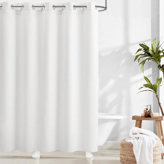 River Dream White Waffle Weave Shower Curtain with Snap-in Liner,Cotton Blend Fabric Heavy Duty,No Hooks Needed Shower Curtain for Bathroom,Hotel Quality Shower Curtain Set,71 x 74 inches