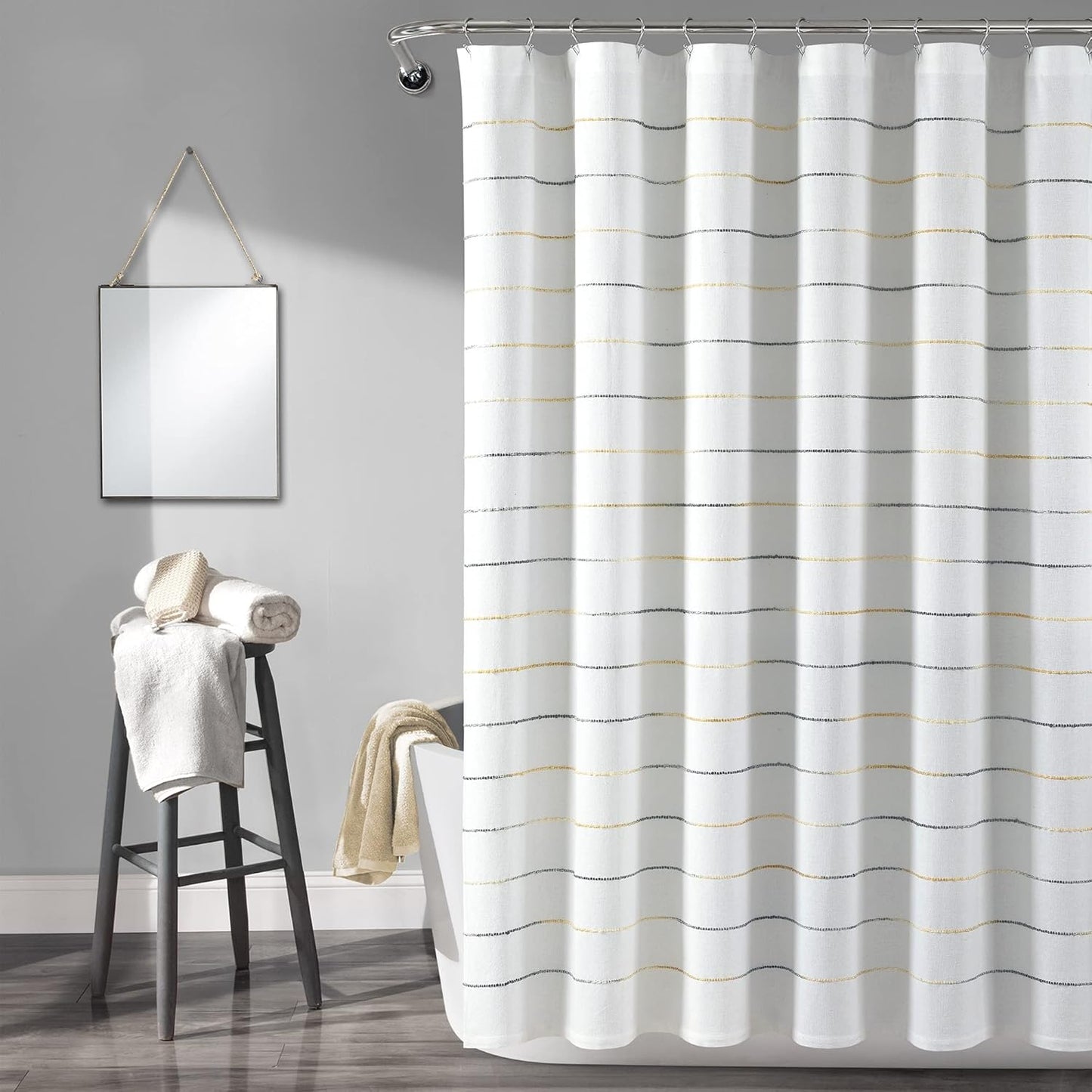 Lush Decor Ombre Stripe Yarn Dyed Cotton Shower Curtain, 72" W x 72" L, Navy & Multi - Fabric Shower Curtains - Striped Bathroom Curtain - Farmhouse & Coastal Decor