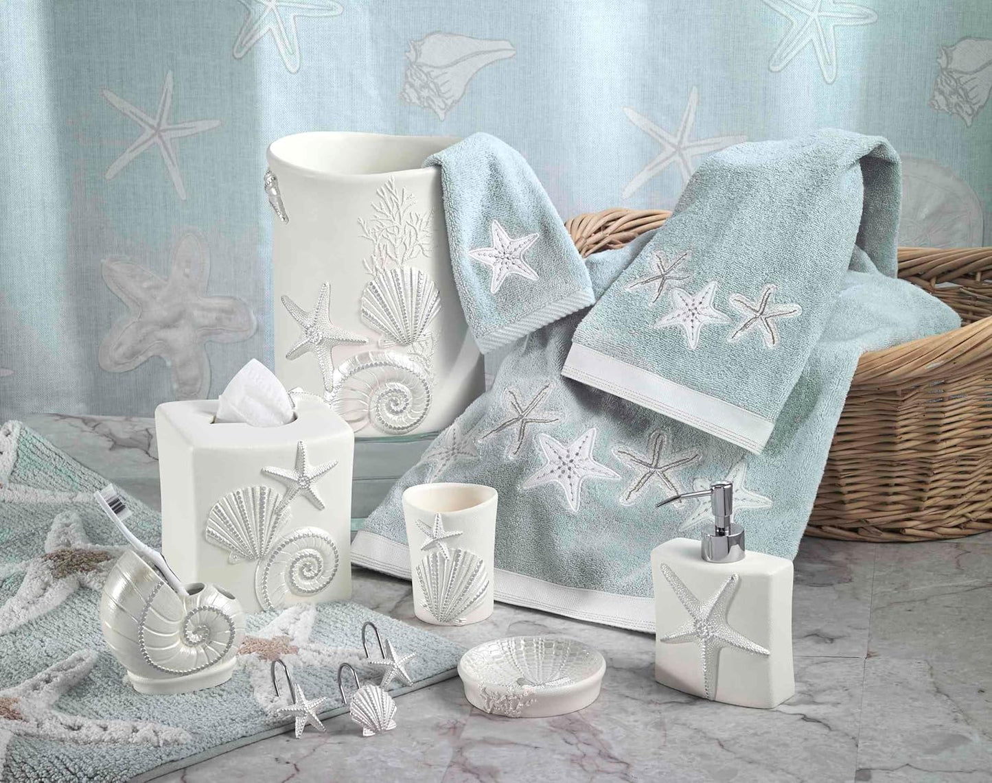 Avanti Linens- Shower Set, Fabric Shower Curtain & 12pc Curtain Hooks, Sea Inspired Bathroom Essentials (Seaglass Collection)