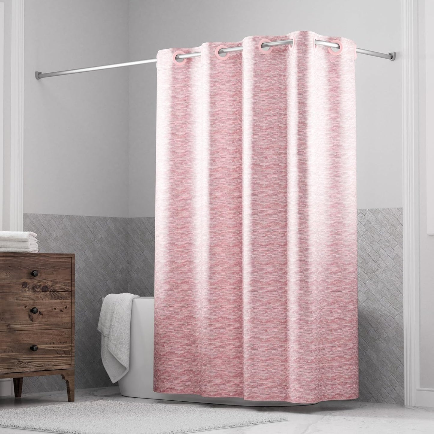 Hookless It's A Snap! Faux Silk Shower Curtain, 3-in-1 Curtain Includes Fabric Shower Curtain with Flex-On Rings & Fabric Liner with Magnets, 71" x 74", Geoometric Ombre Print, Blue